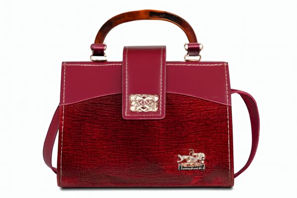 Crimson Gloss Wooden-Handle Handbag